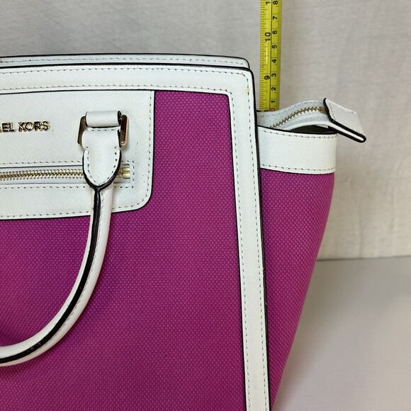 MICHAEL KORS Fuschia White Leather Selma Satchel Purse Long Strap & Dbl. Handles - Picture 7 of 16
